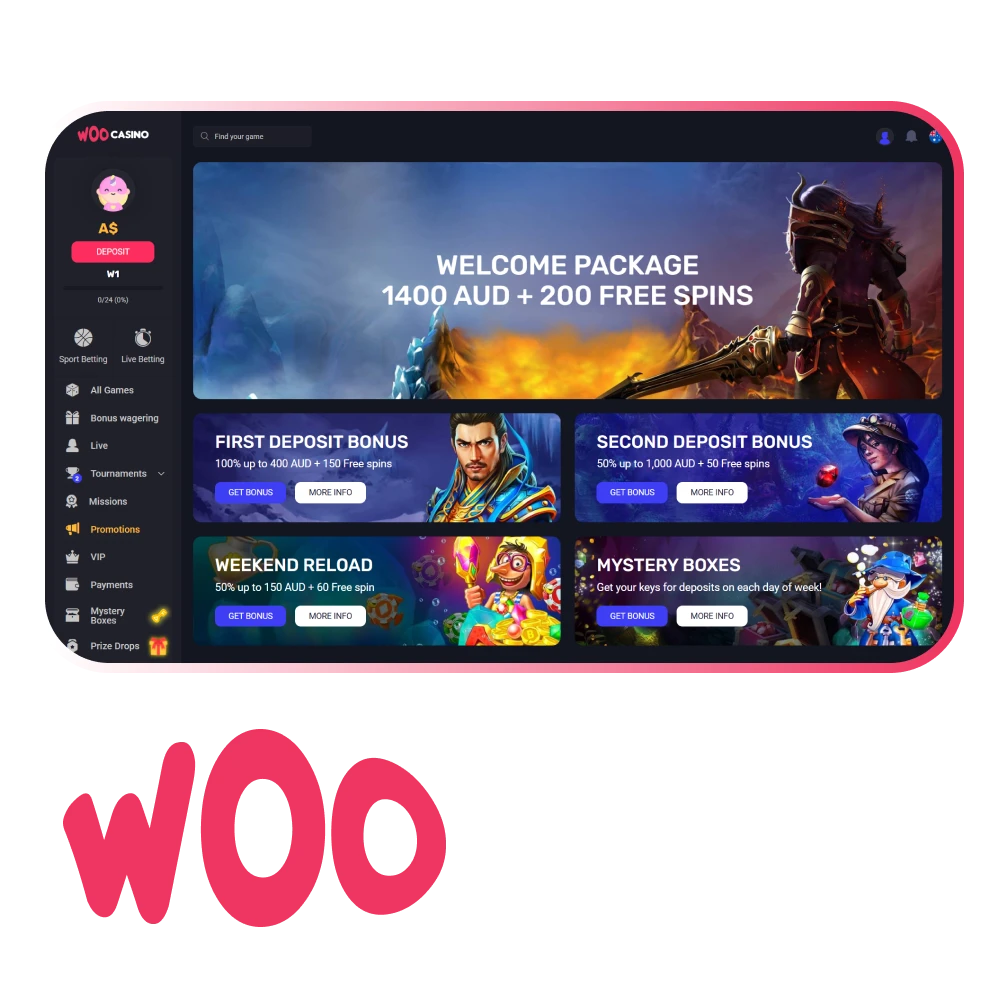 Create a Woo Casino account to get exclusive bonuses.
