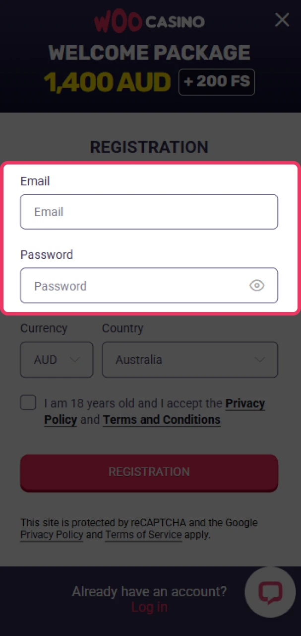 Fill in all the required fields to register at Woo Casino.