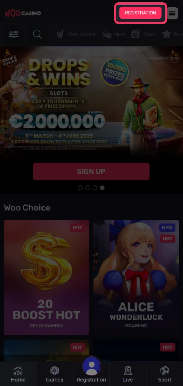 Launch the form for a quick registration at Woo Casino.