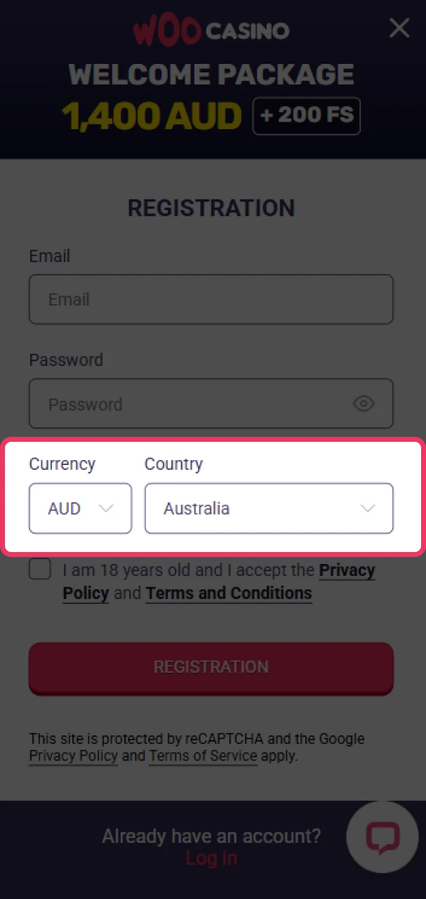 Select your country and currency to register at Woo Casino.