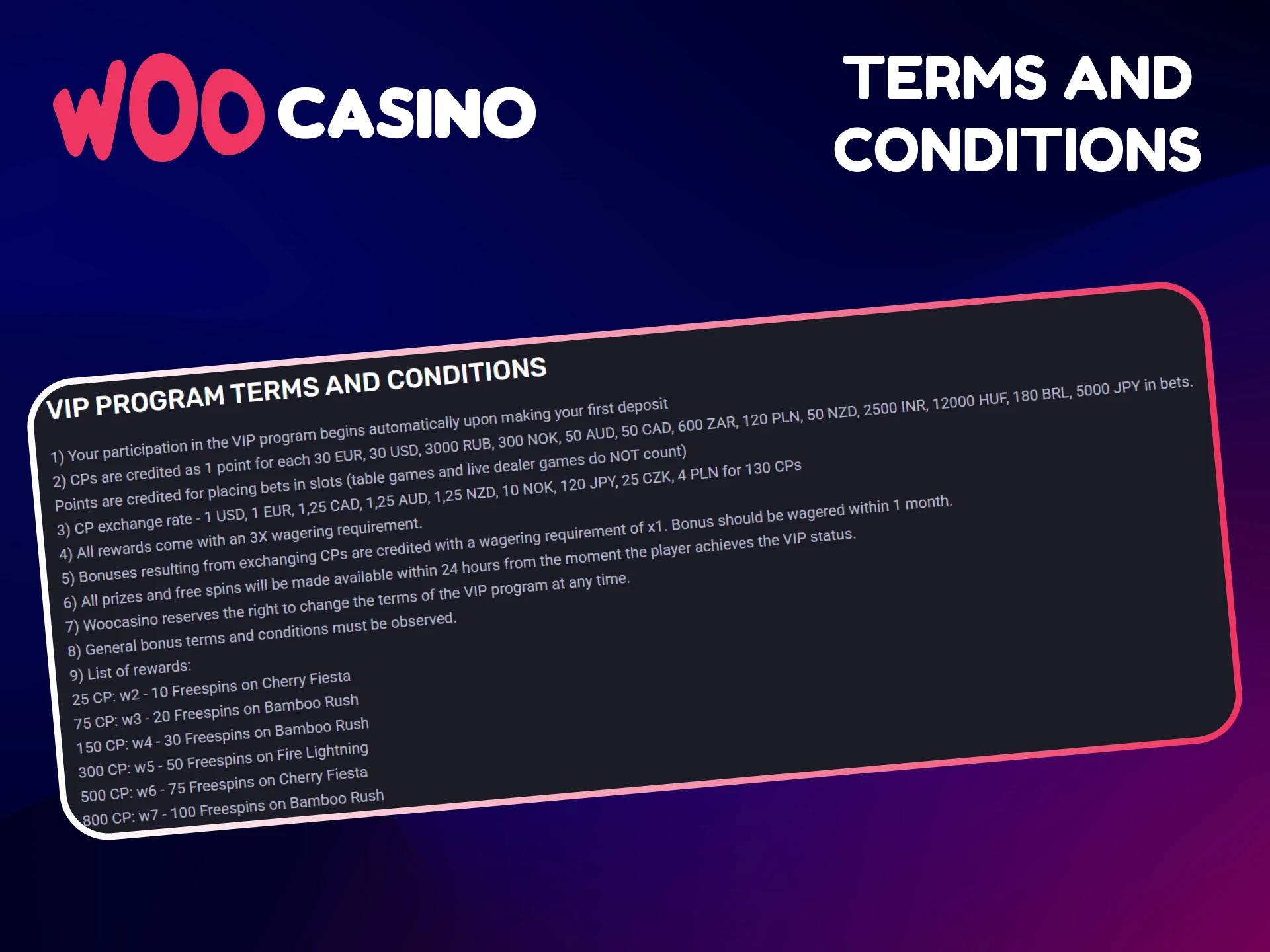 Learn the terms and conditions of Woo Casino's VIP program.