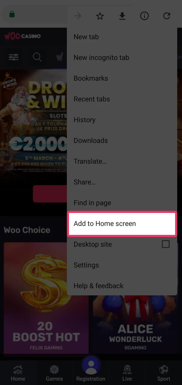 Search the menu to add the Woo Casino mobile app to your device's desktop.