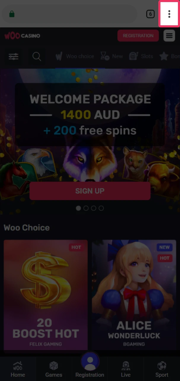 Open the browser menu to add the Woo Casino shortcut.