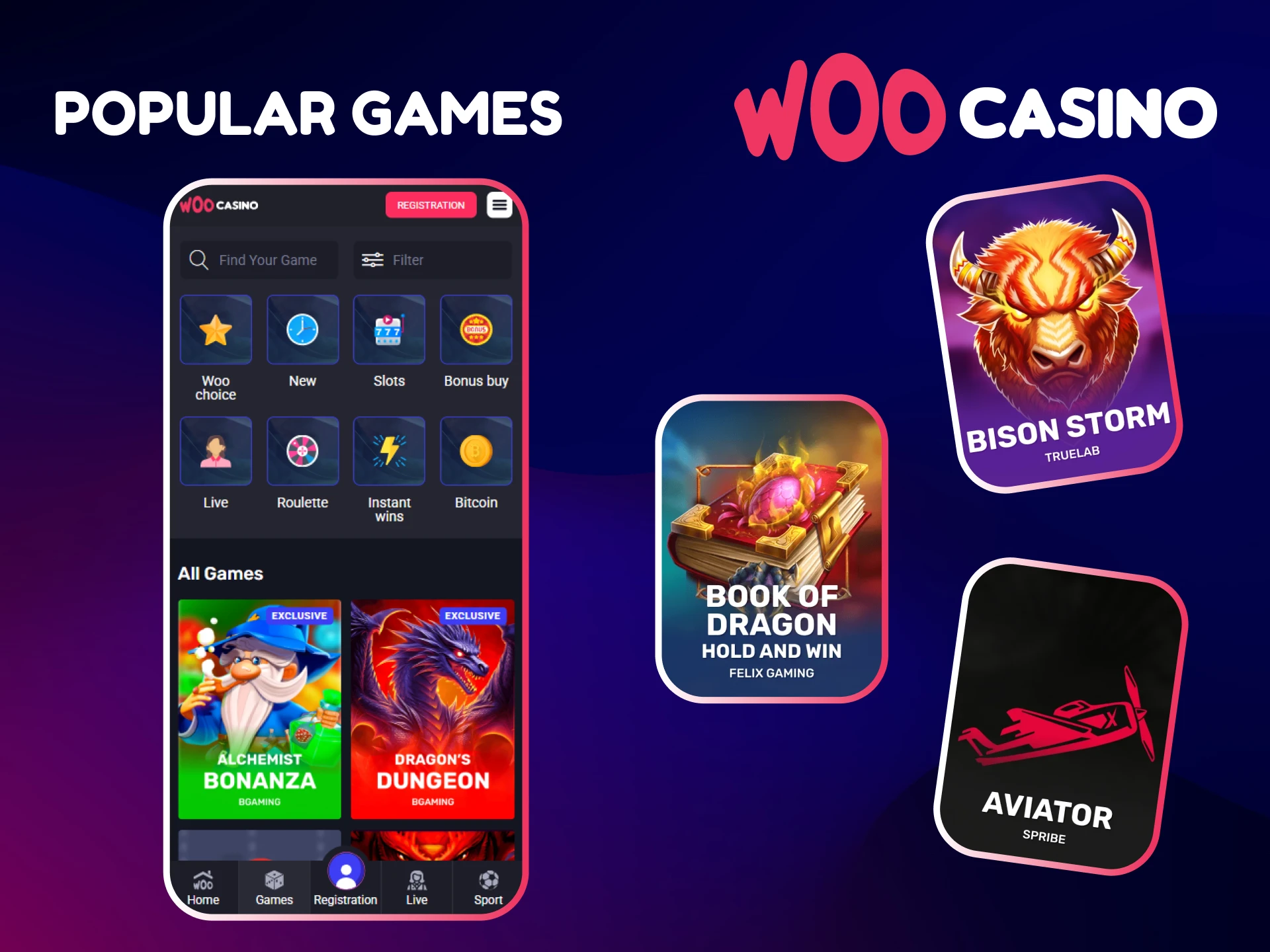Play the most popular games on the mobile version of Woo Casino.