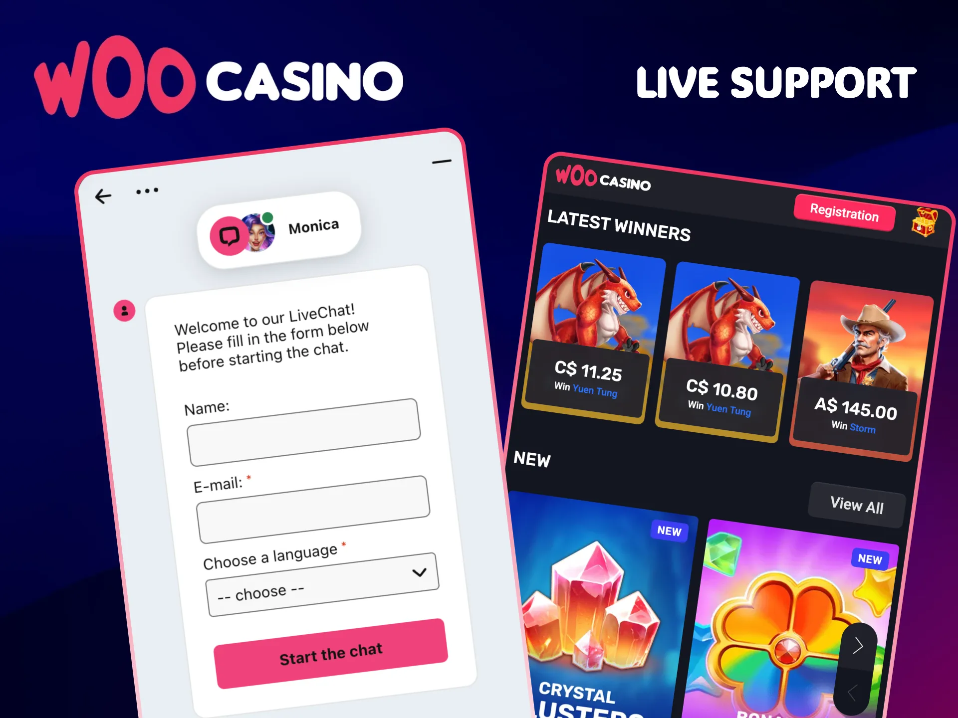 Get quick help via Woo Casino live chat.